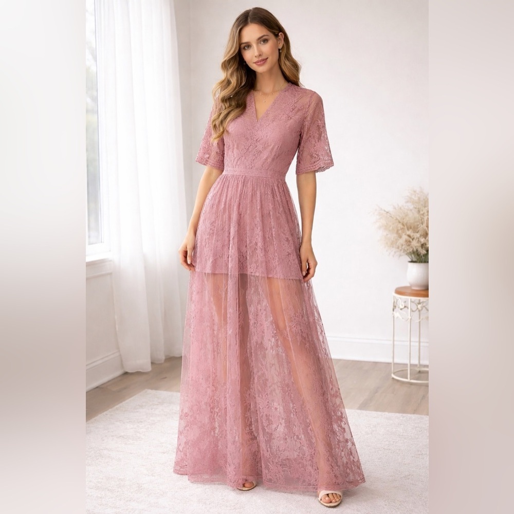 Lace V-Neck Maxi Dress Sheer Overlay Romantic Boho Cottagecore Size L